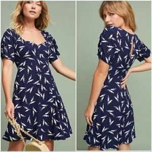 Maeve Blue and White Dress with Rouched Sleeves